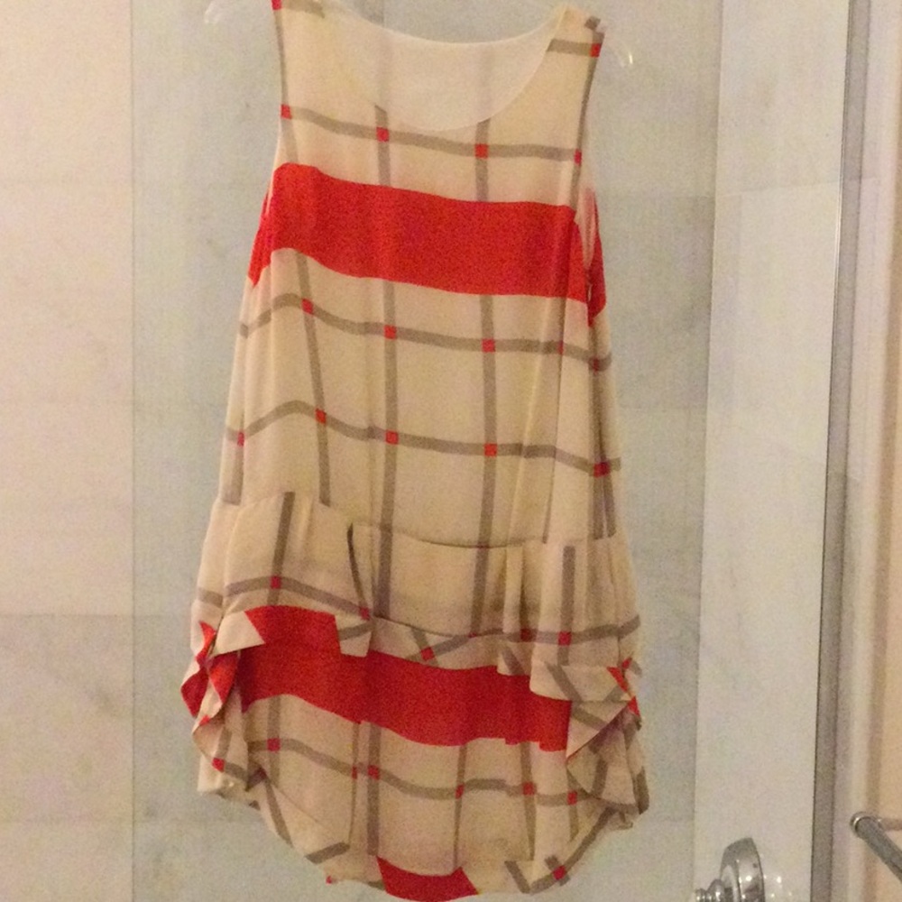 Thakoon Cream Plaid Sleeveless Dress with Red Stripes